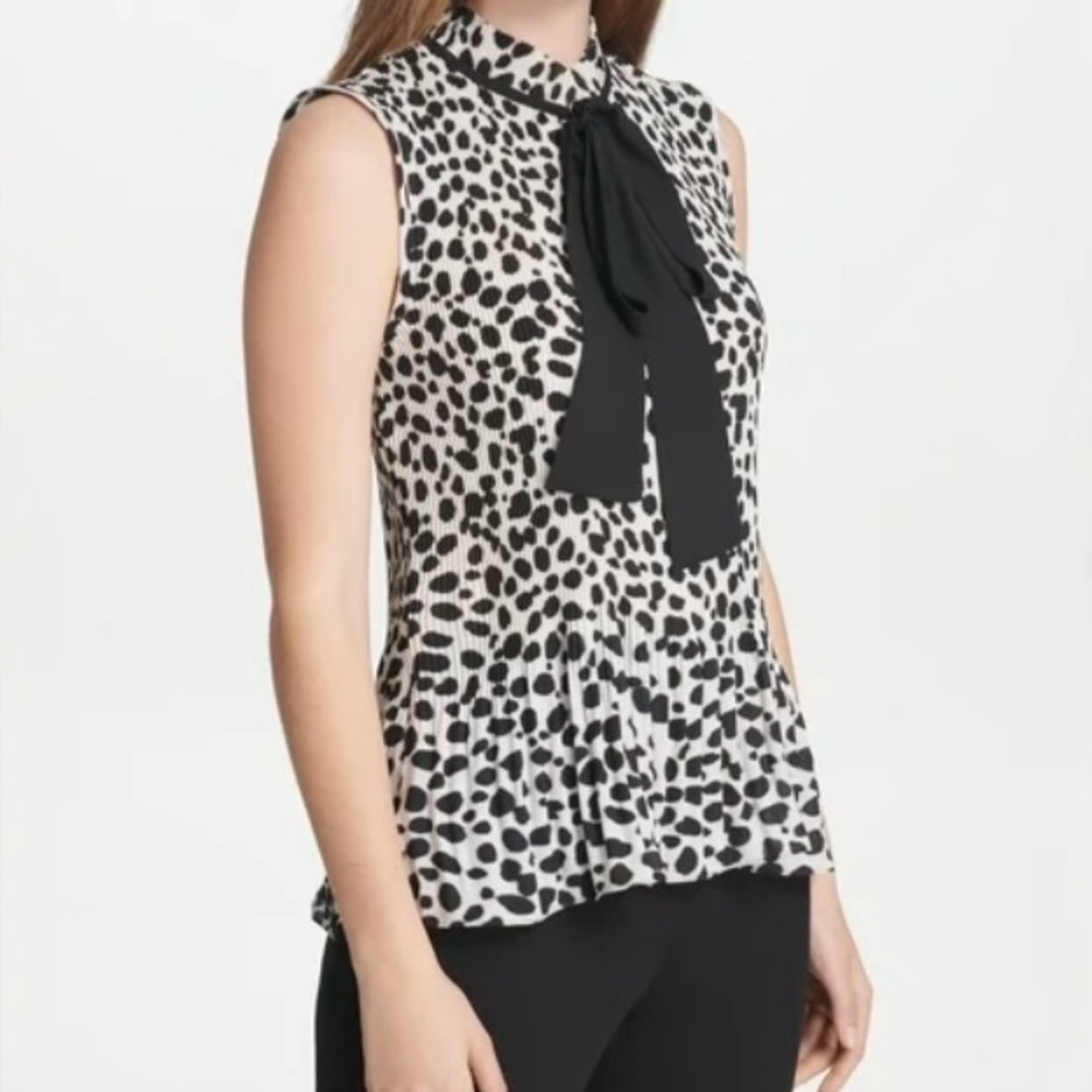 DKNY Women’s White Pleaded Animal Print Sleeveless Tie Neck Blouse